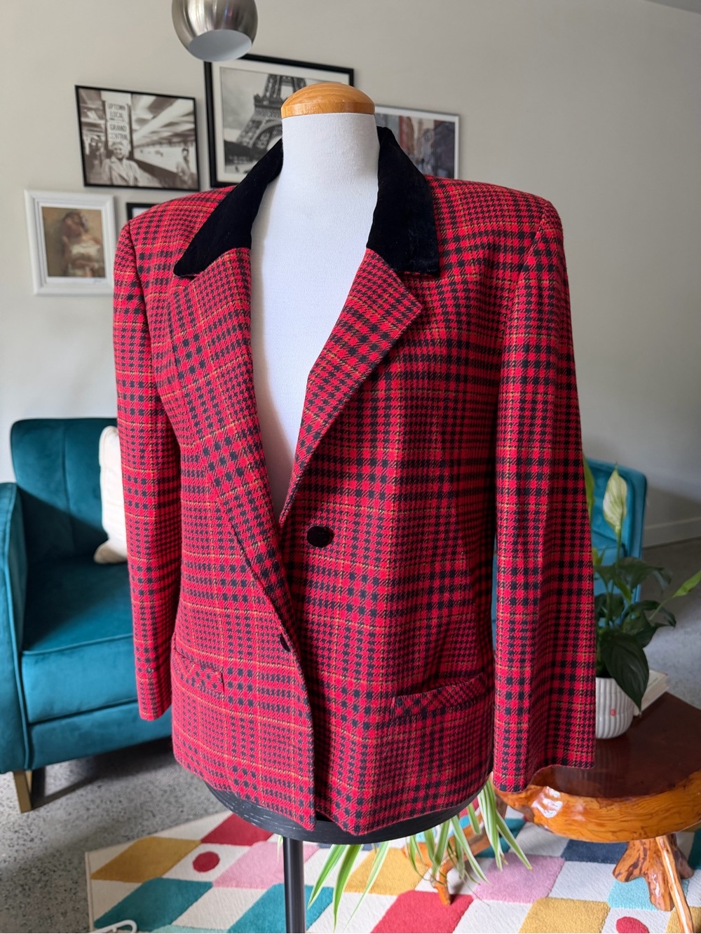 Vintage Red and Black Plaid Blazer with Velvet Collar
